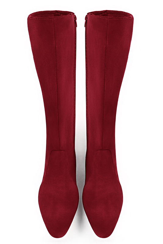 Burgundy red women's feminine knee-high boots. Round toe. Low flare heels. Made to measure. Top view - Florence KOOIJMAN